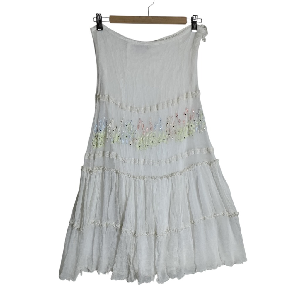Raindrops White Gauze Tiered Midi Skirt Floral Embroidered Sequin Boho Medium